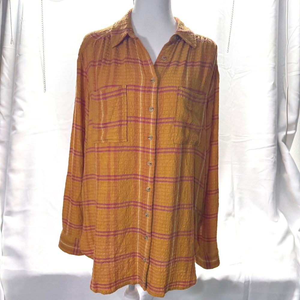 Anthropologie M Pilcro Boho Top Mustard Textured Cotton Plaid Striped Oversized